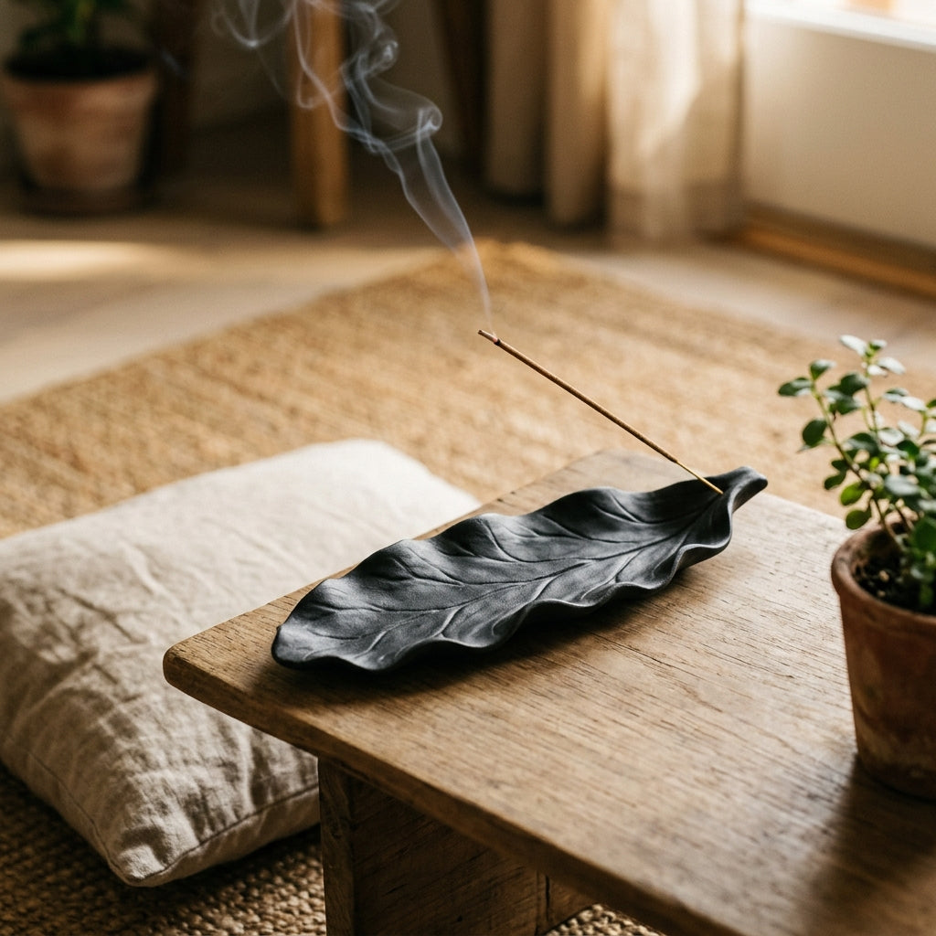 Détail du porte-encens lotus en céramique émaillée