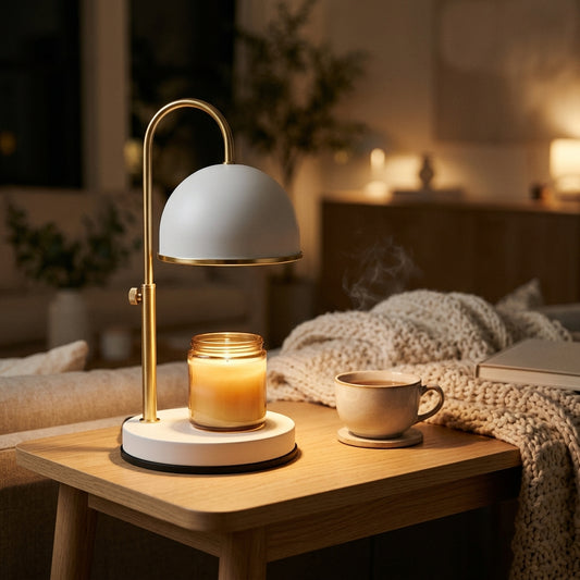 Lampe chauffe-bougie à minuterie L'Éveil Intérieur faisant fondre une bougie parfumée